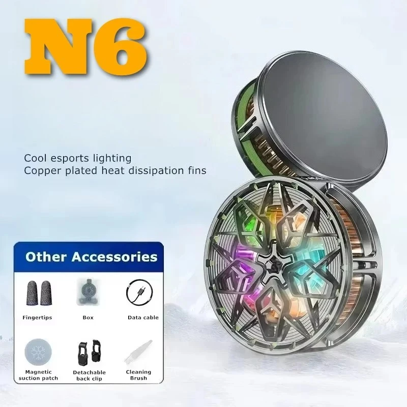 Ventilador de Resfriamento N6 ABS+Alloy para Celular, Magnético/Clip Traseiro 2 em 1, 10W, Radiador para iPhone e Android, Cooler para Jogos PUBG