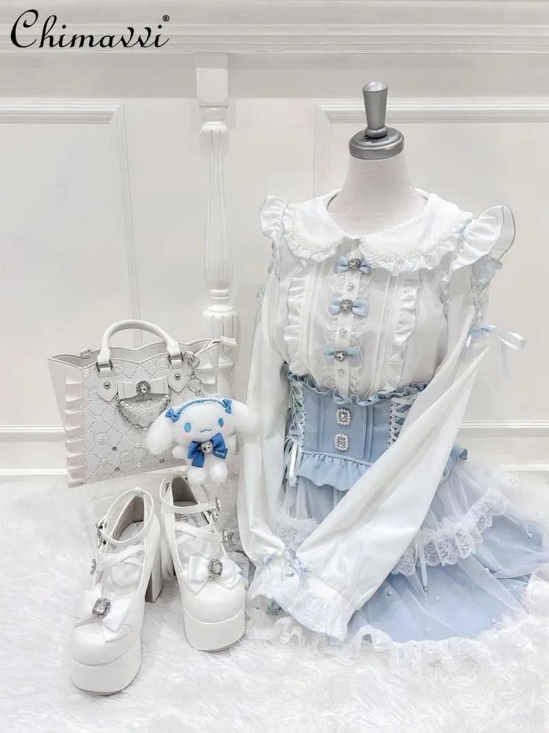 

Японская серийная блузка с жемчужным воротником и кружевными бретелями, длинными рукавами, 2026 Новинка, милая блузка в стиле Харадзюку для девочек, топы в стиле Лолита