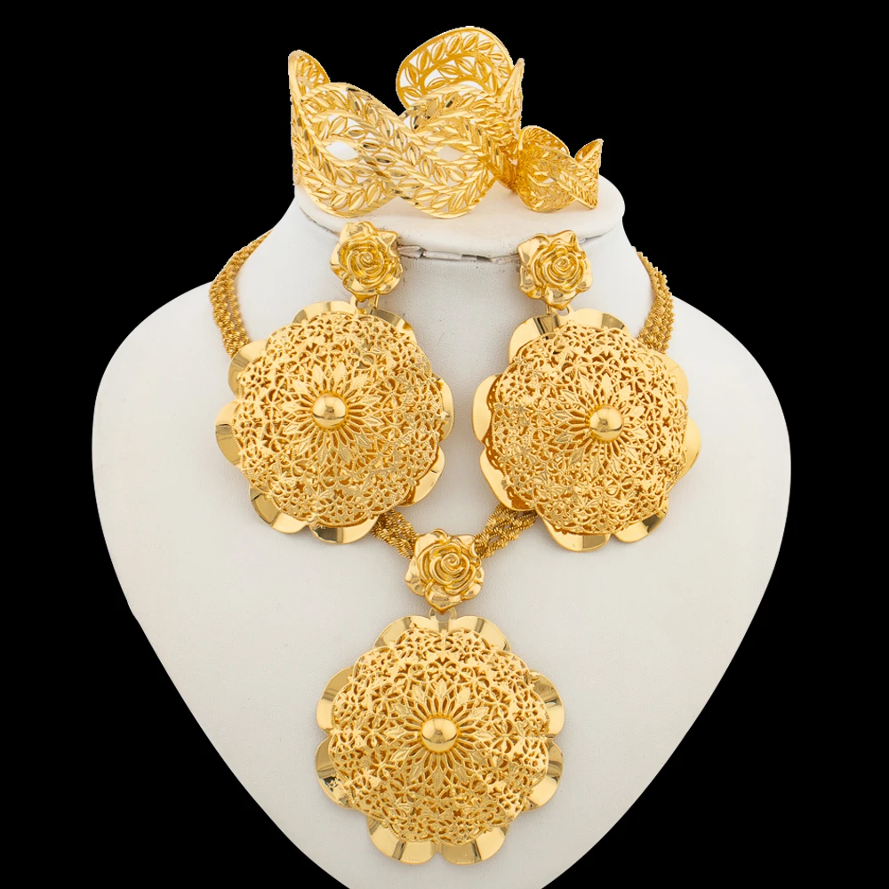 Dubai Gold Color Jewelry Set for Women Large Size Flower Pendant Necklace and Earrings Hollow Out Bangle Ring Set Bride African