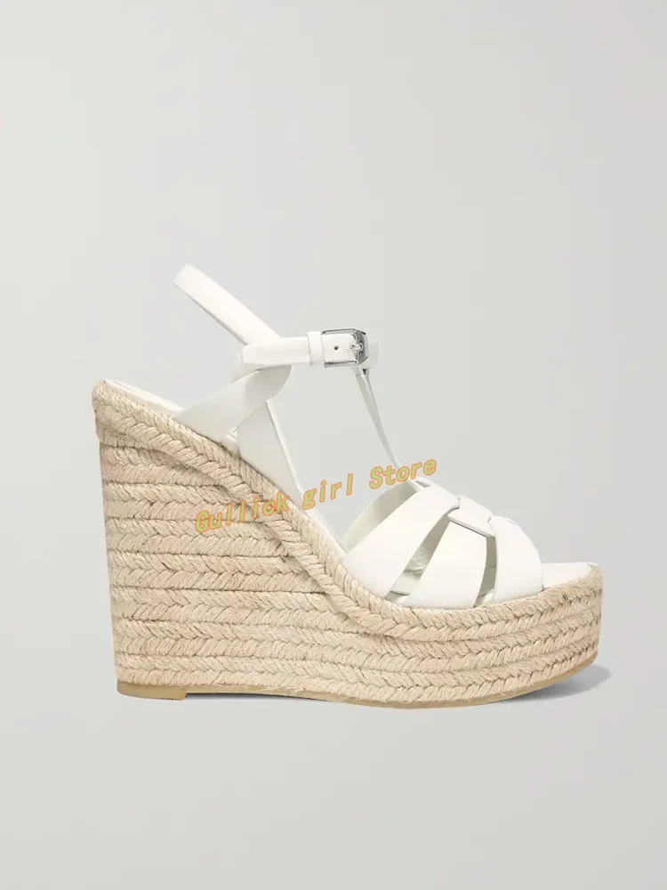 Wedges Platform Braid Sandals T Strap Ankle Buckle Strap Matte Leather White Brown Black Handmade Classic Women Sandals