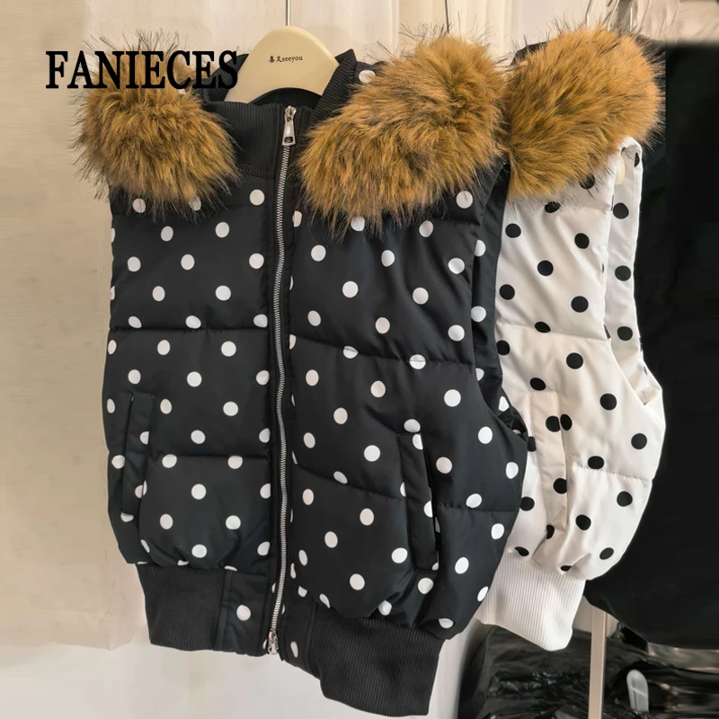 Harajuku Gothic Polka Dot Vest Jacket Fur Collar Hooded Women Fall Winter Casual Sleeveless Y2K Cotton Padded Quilted Coat Жилет
