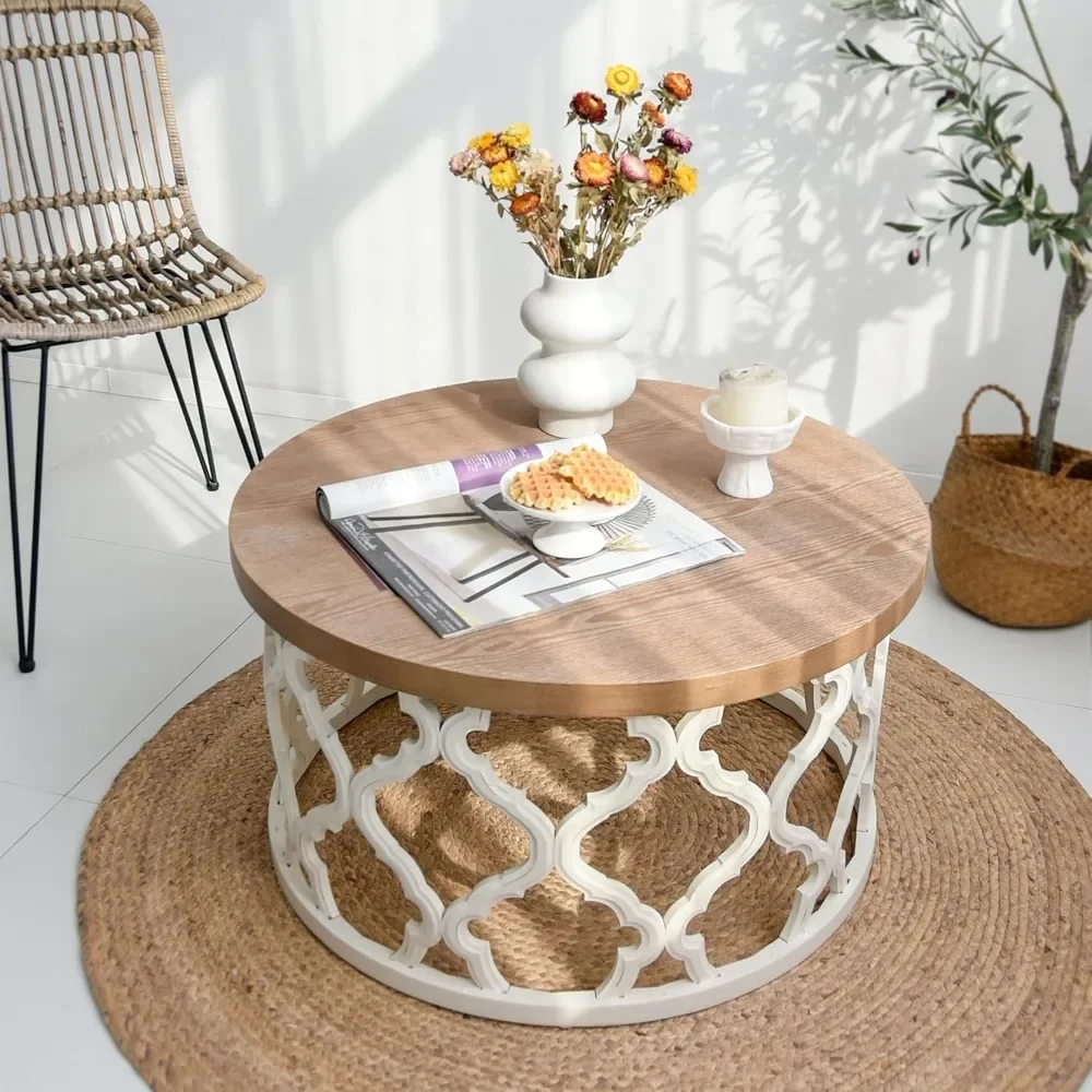 Mesa de centro de granja rústica, mesa superior de madera desgastada con Base de Marco con motivo curvo para Boho