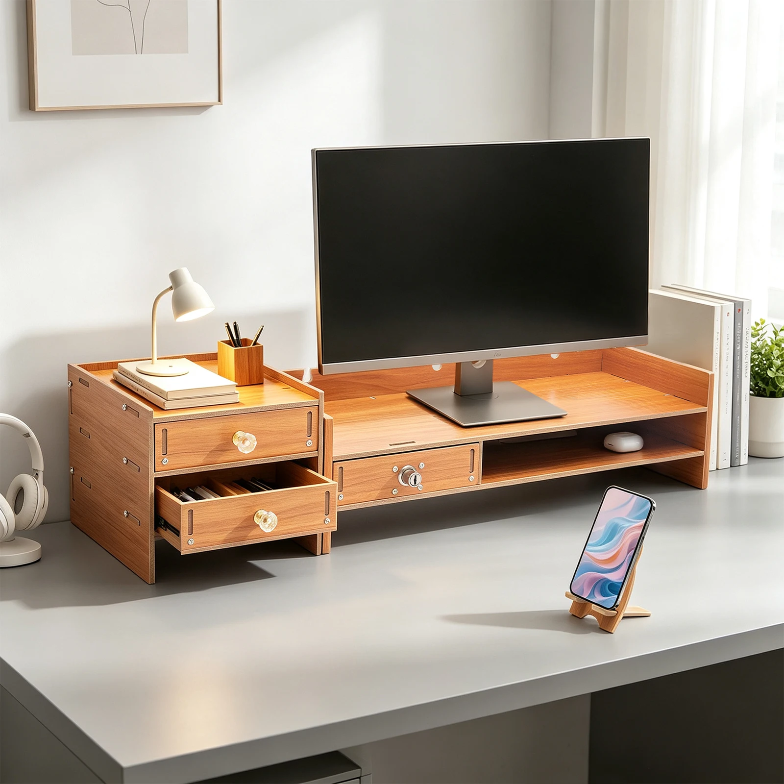 Computer Monitor Stand Computer Rack with Drawers MDF Ergonomic Monitor Riser 3 Drawers 1 Lockable With 2 Keys Phone Holder Space Saving Desktop Organizer Easy Clean For Home Office Study Desk