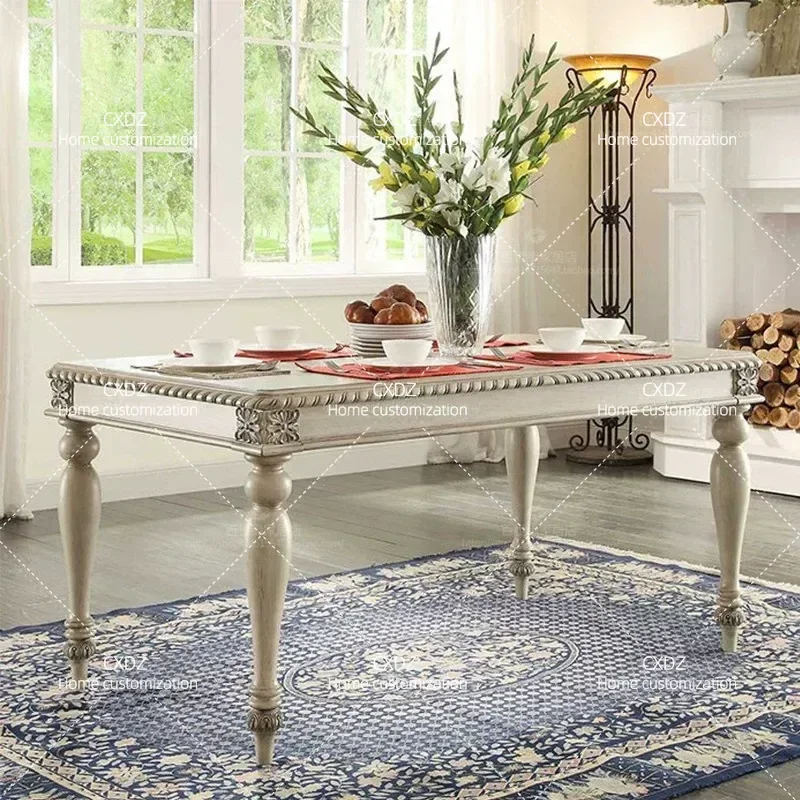 Retro Solid Wood Carved Flower Rectangular Dining Table and Chair Set Rural Antique Style Vintage Kitchen Furniture