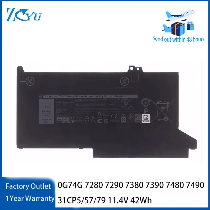 0G74G Notebook-Akku für Dell Latitude 7280 7290 7380 7390 7480 7490 31CP5/57/79 11,4V 42Wh
