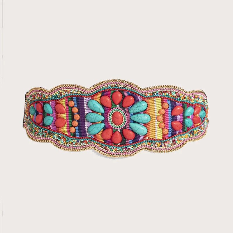 새로운 스타일 여성의 무거운 작업 Bosimia 소나무 돌 수제 구슬 허리 인감 국립 스타일 탄성 스냅 버클 벨트