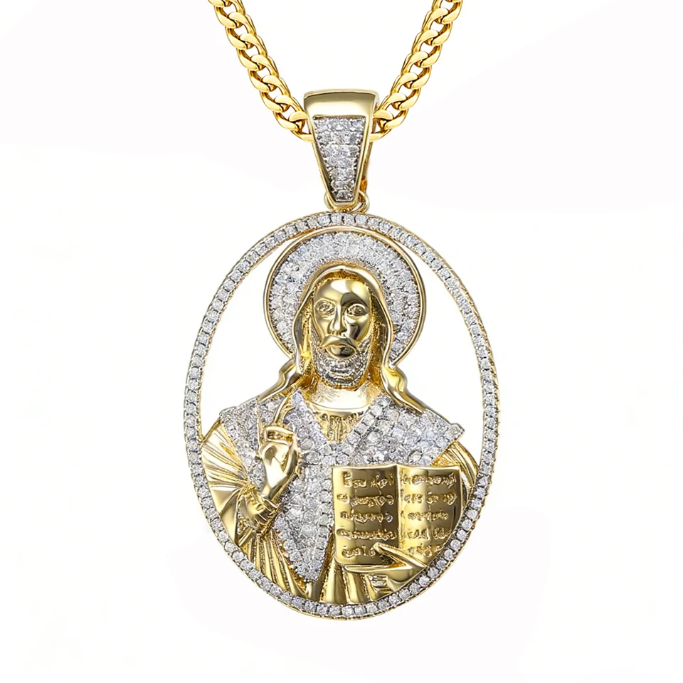 

VANAXIN Iced Out Jesus Necklace for Men Gold Color Cubic Zirconia Hip Hop Rock Party Jewelry Round Pendant