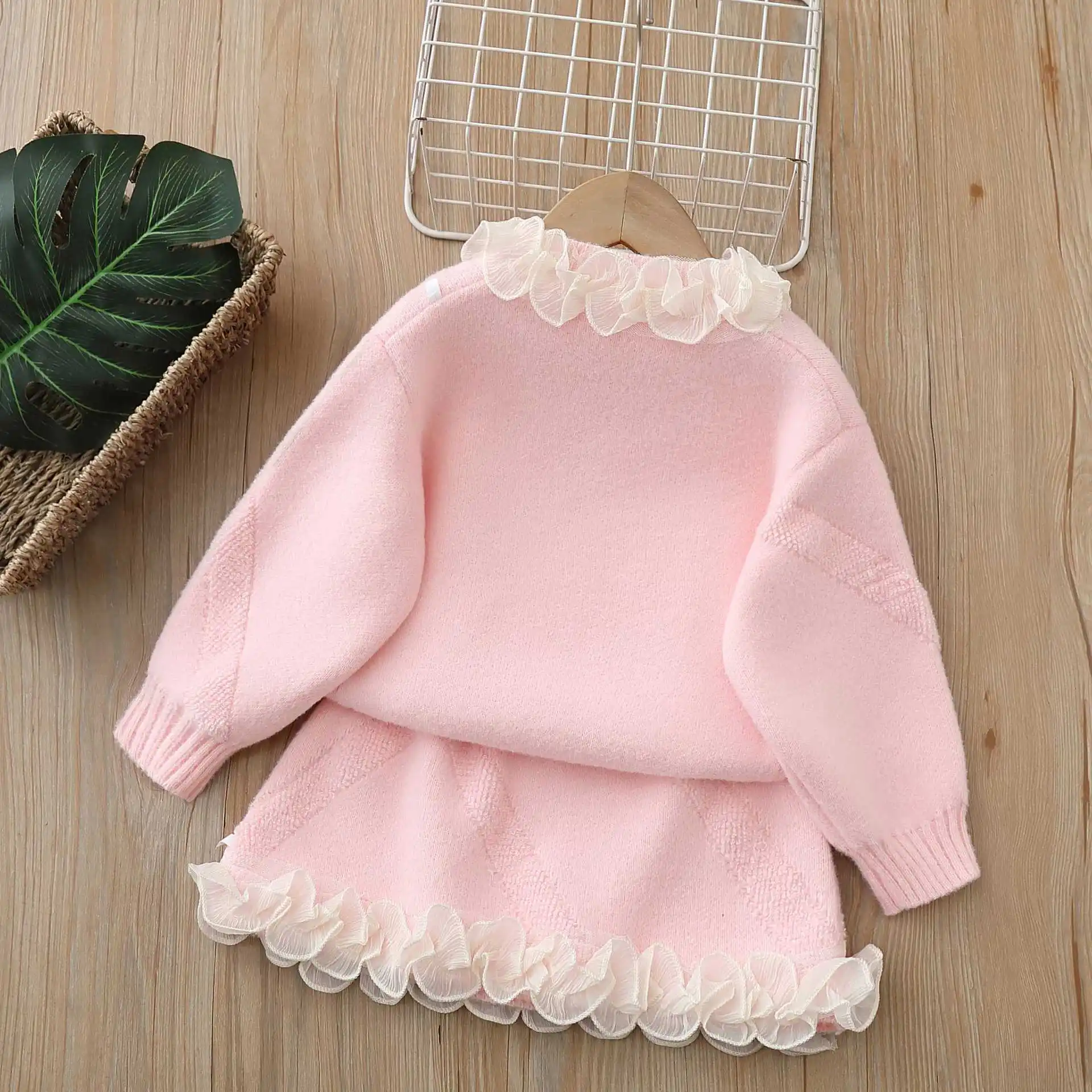 Autumn Winter Girl Sweater Mini Skirt Set Knitted Suits Lace Ruffled Baby Toddler Kids Clothes Elegant Princess Outfit Knitwear 3