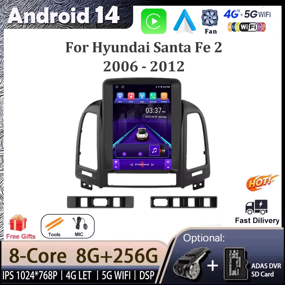 9.7” Android 14 for Hyundai Santa Fe 2 2006 - 2012 Radio Car Multimedia Player GPS Navigation Vertical Screen Wireless Carplay