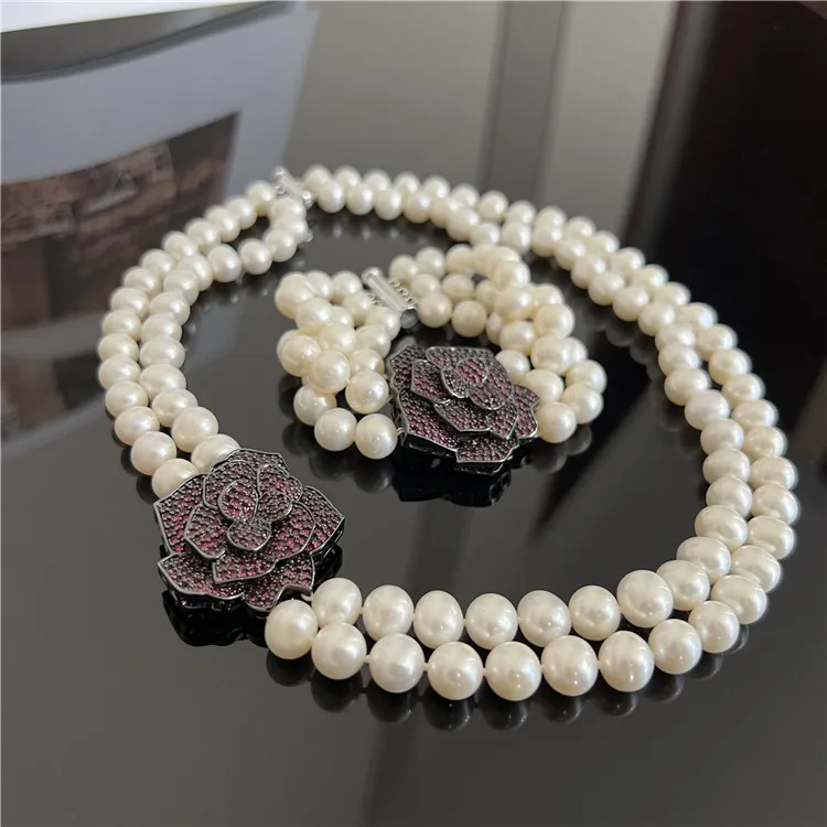 3 Strands Cultured White Pearl Flower CZ Pave Bracelet 8