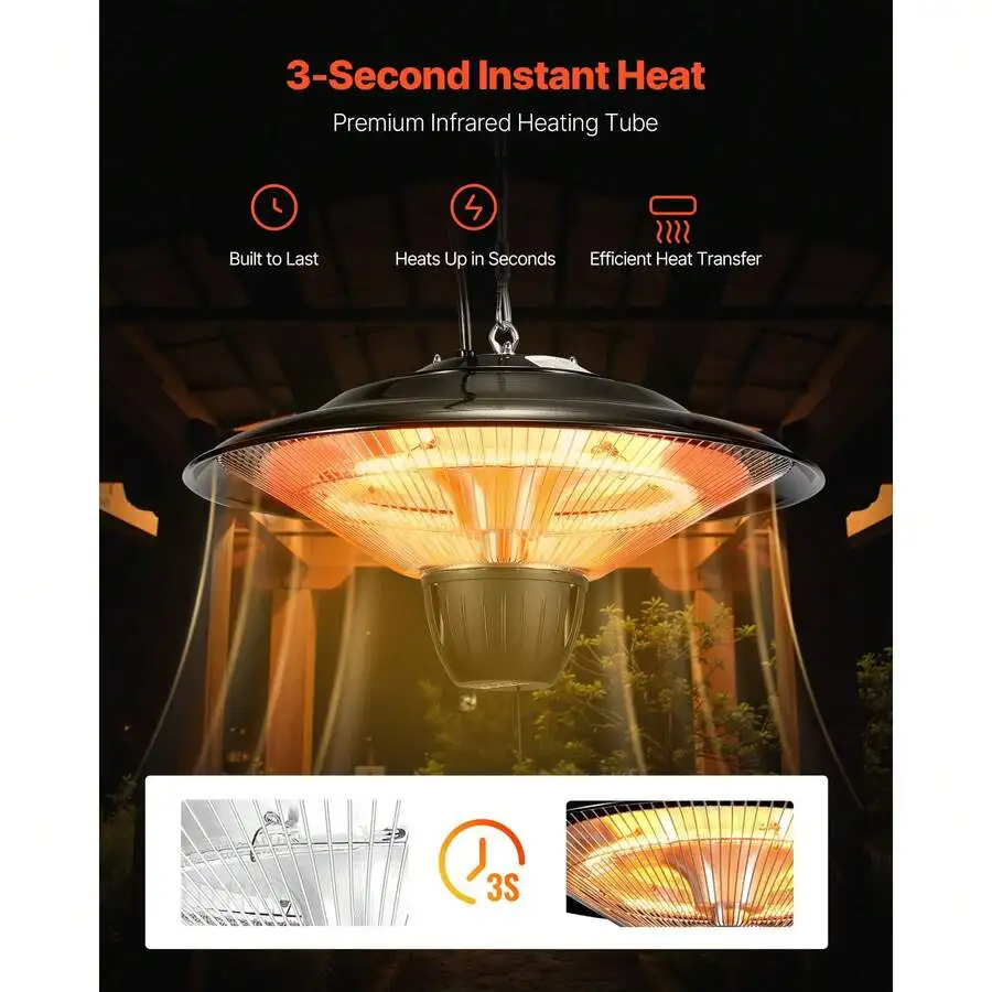 Hanging Patio Heater, 1500W Electric Space Infrared Heater, IP34 Protection With 23.6 Inch Pull Cord & Adjustable Chain, For Por