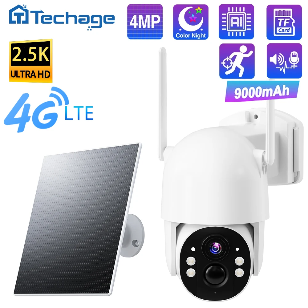 Techage WiFi PTZ Camera Wireless Solar IP Camera 4G LTE Cellular 4MP HD Built-in Battery Video Surveillance Outdoor Yoosee APP