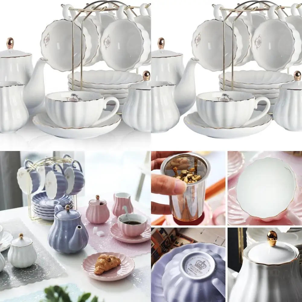 

British Royal Porcelain Tea Set, 8oz Cups, Service for 6, with Teapot, Sugar Bowl, Creamer, Teaspoons, and Tea Strainer for Tea/