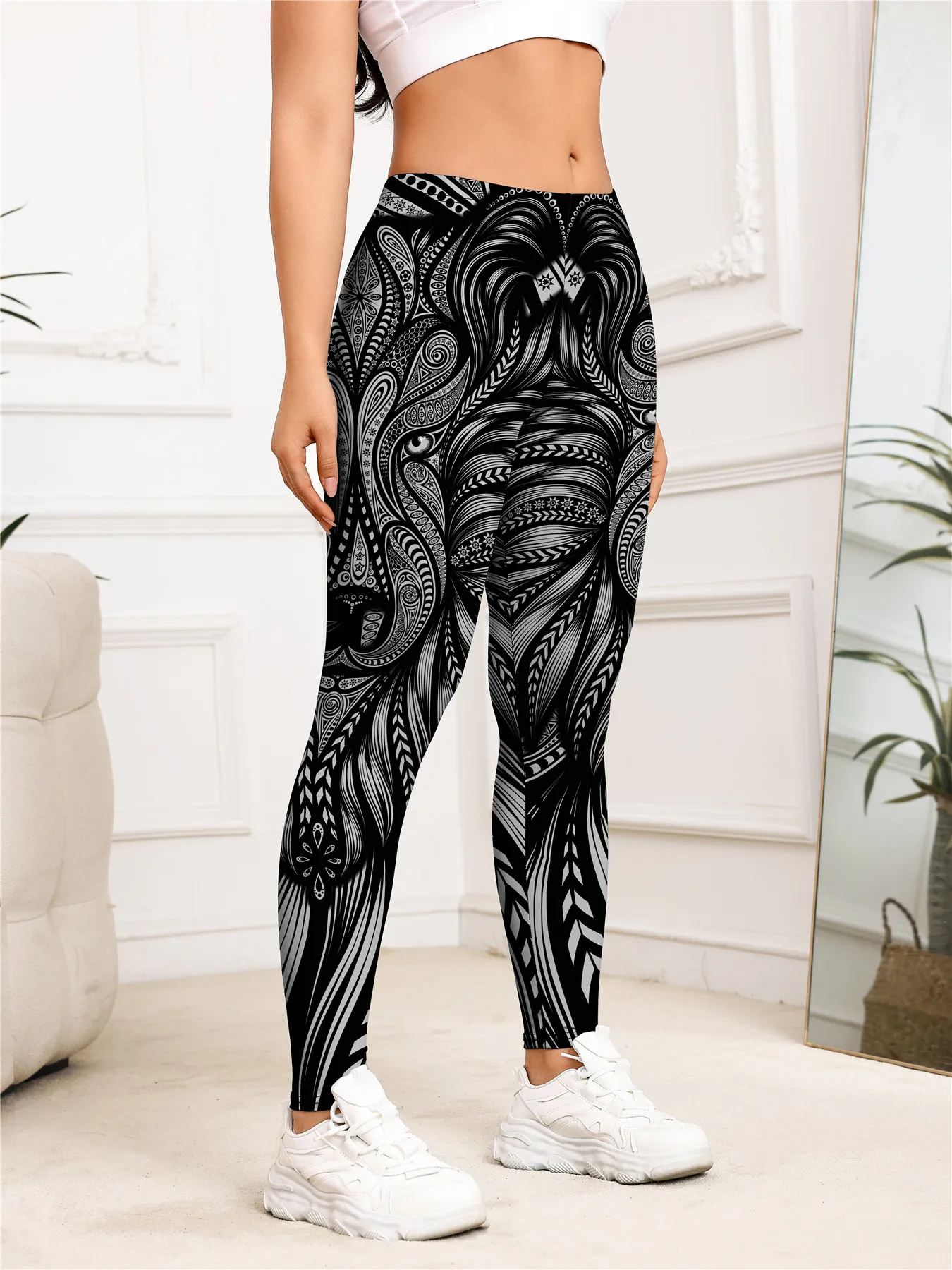 Black White Tribal Lion Print High Waist Leggings, Soft Stretchy Workout Yoga Pants for Women, Casual Athletic Tights
