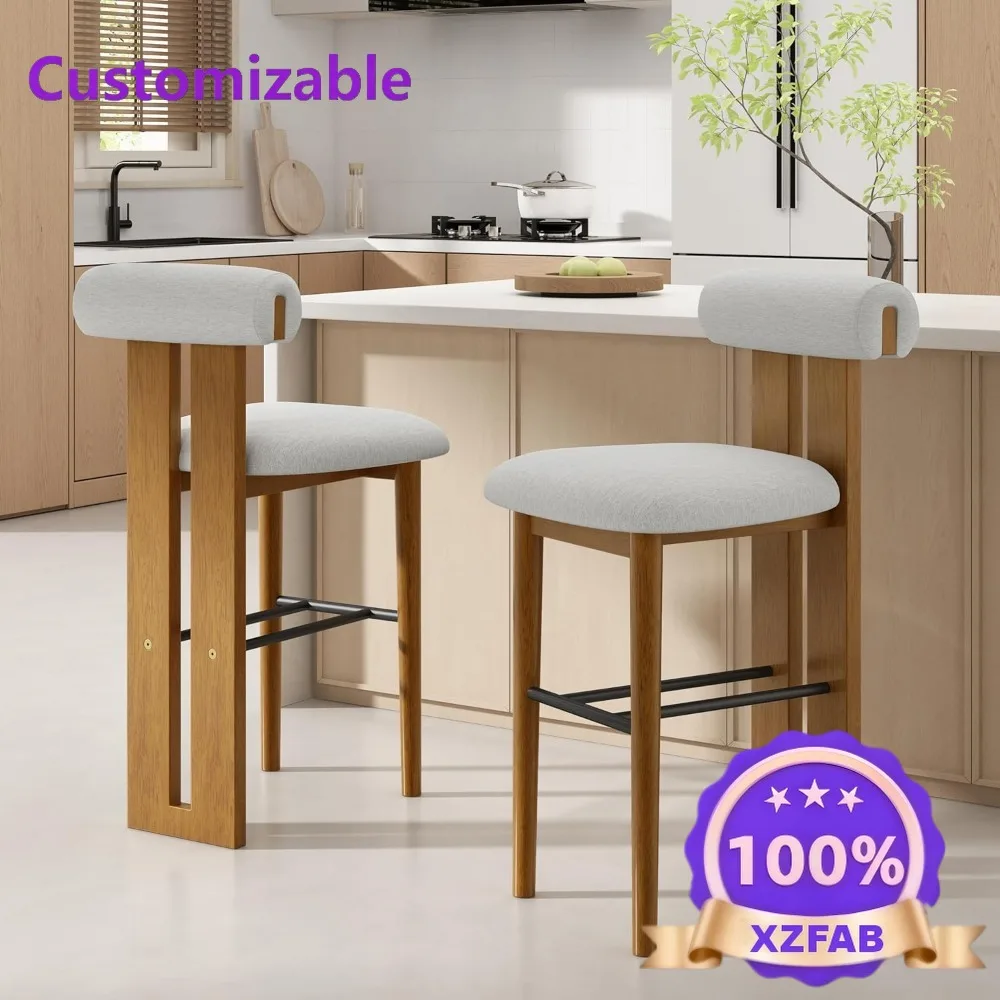 Factory Direct 2026 Set of 2 Wood Upholstered Barstools,Walnut Finish Rubberwood Frame,Cloud-Top Backrest,Mid-Back Modern