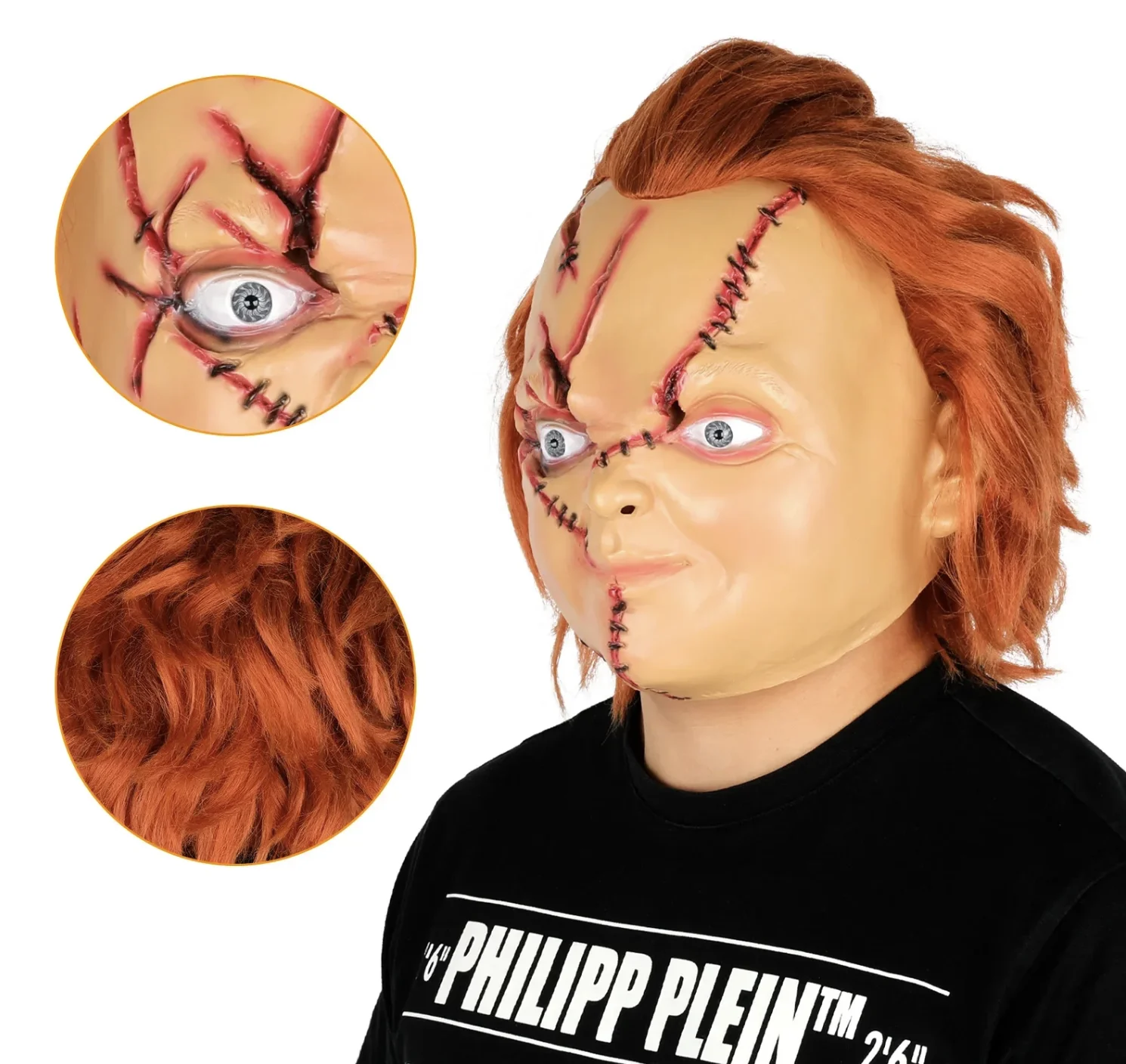 Maschera di Halloween Grande bambola Chucky Casco integrale in lattice Masquerade Spaventoso Copricapo per feste cosplay per uomini Donne Puntelli per costumi