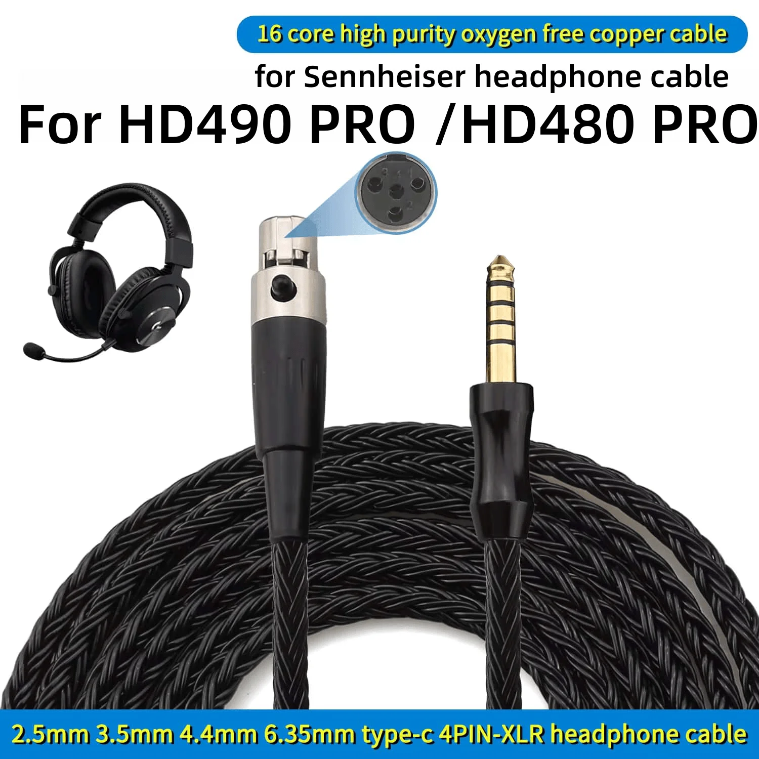 HD480 PRO Kabel 16-adriges OCC 4-Pin Mini XLR symmetrisches Kopfhörerkabel für Sennheiser HD490 PRO 2,5 4,4 XLR 3,5 6,35 Stecker 0,5-5m