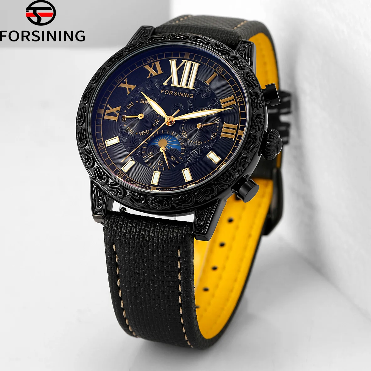 

FORSINING Design 2024 New Men Watches Top Luxury Automatic Mechanical Moon Phase Auto Date Leather Wrist watch Waterproof Clock