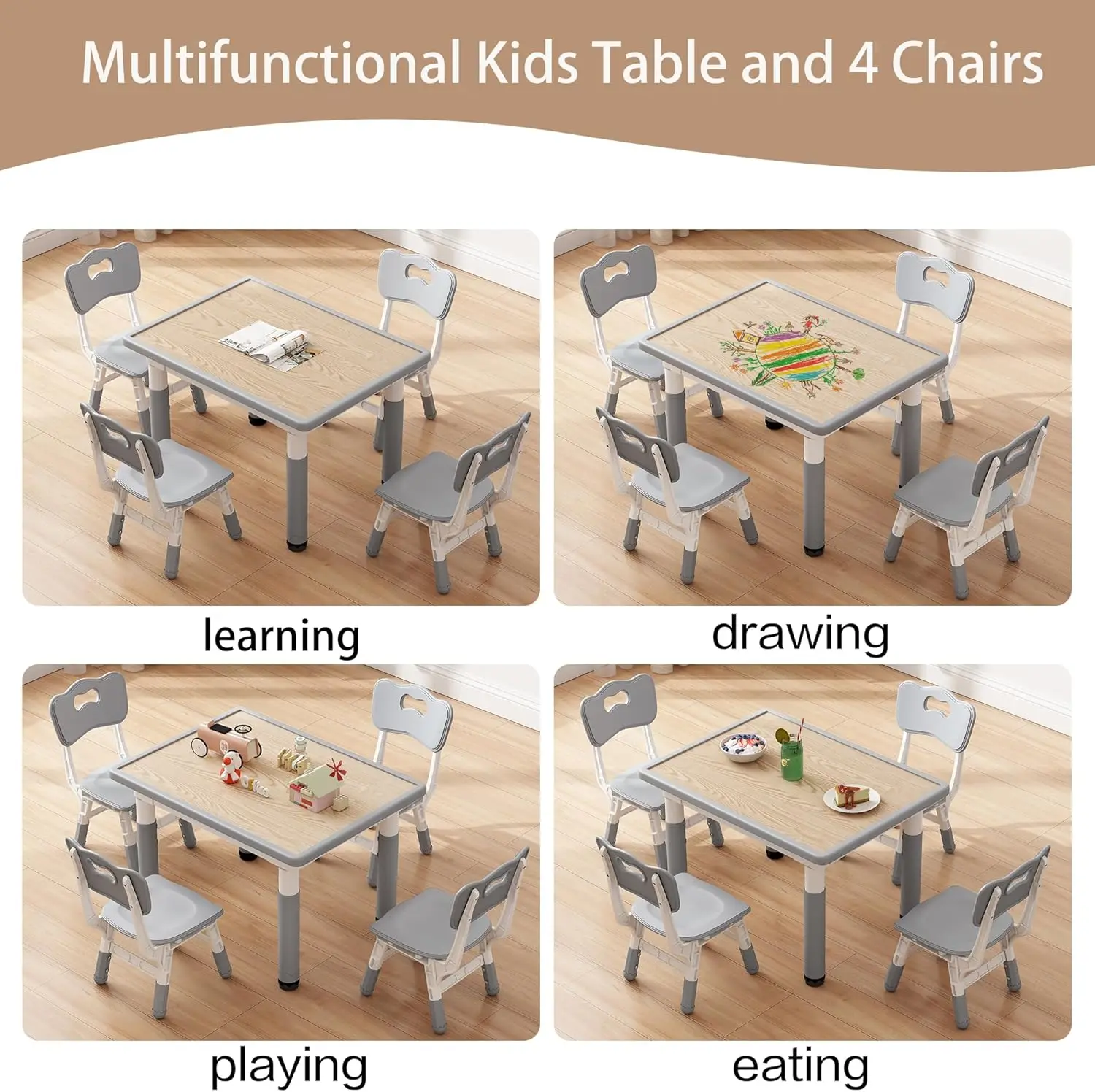 Ensemble table et chaise pour enfants, ensemble table et chaises pour tout-petits réglables en hauteur pour les 2 à 10 ans, 31,5''L x 23,6''W Table Graffiti avec 4