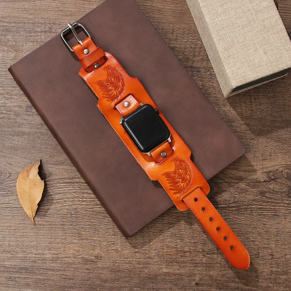 Punk Cuff Cow Leather Bracelet For Apple Watch Strap 44mm 41mm 45mm 49mm 40mm 42mm Watch Band 4 5 6 7 8 9 10 SE Ultra Watchband