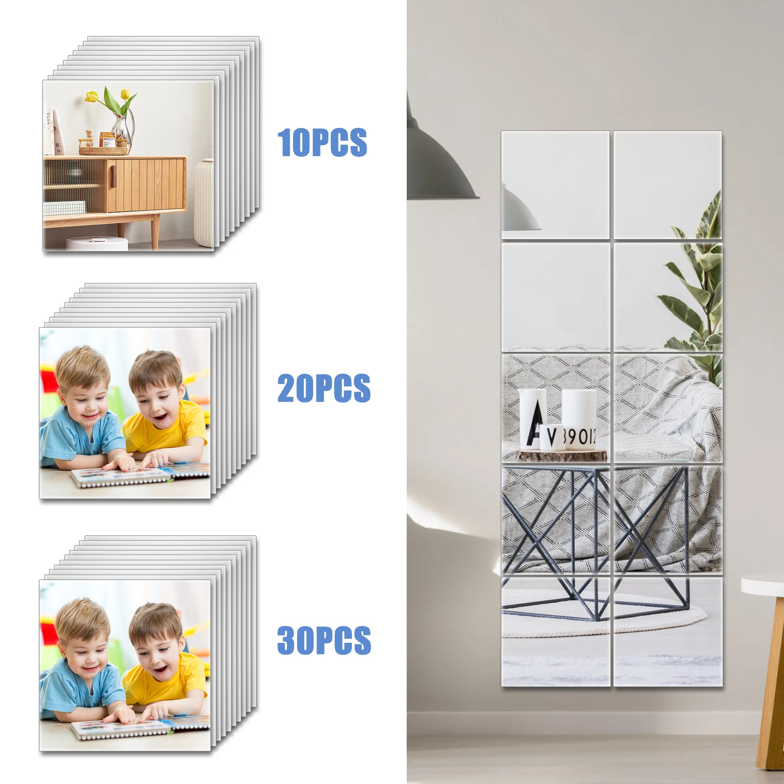 Ultradünne, flexible Spiegelbögen aus PET, DIY-Fliesen, Spiegel, 10/20/30 Stück, selbstklebende Spiegelbögen, nicht aus Glas, 30,5 x 30,5 cm