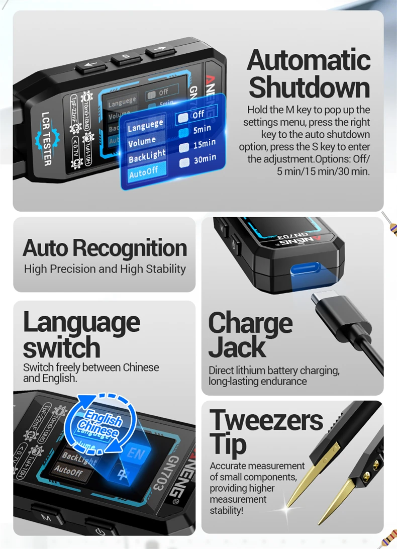 ANENG GN703 USB-Aufladbares Tragbares Digitales LCR-Bridgemeter 100Hz 1KHz 10KHz Diodentester Kalibrierung für Elektronik-Reparatur – Detail 6