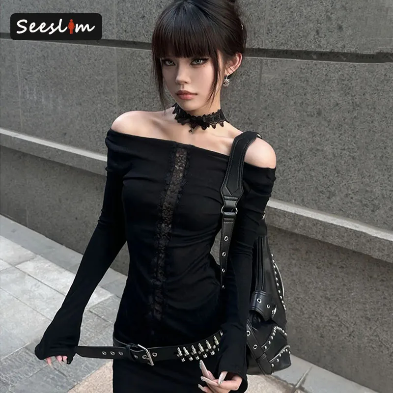 Seeslim Women's T-shirt 2000s Clothes Y2k Korean Fashion Long Sleeve Hotsweet Tees Female Goth Skinny Hollow Out Off Shoulder