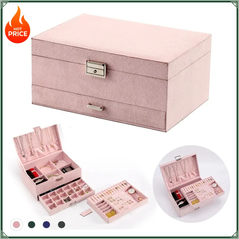2026 Bestselling Large-capacity Velvet Jewelry Box with Three Drawers Suitable for Storing Earrings Necklaces and Other Jewelry