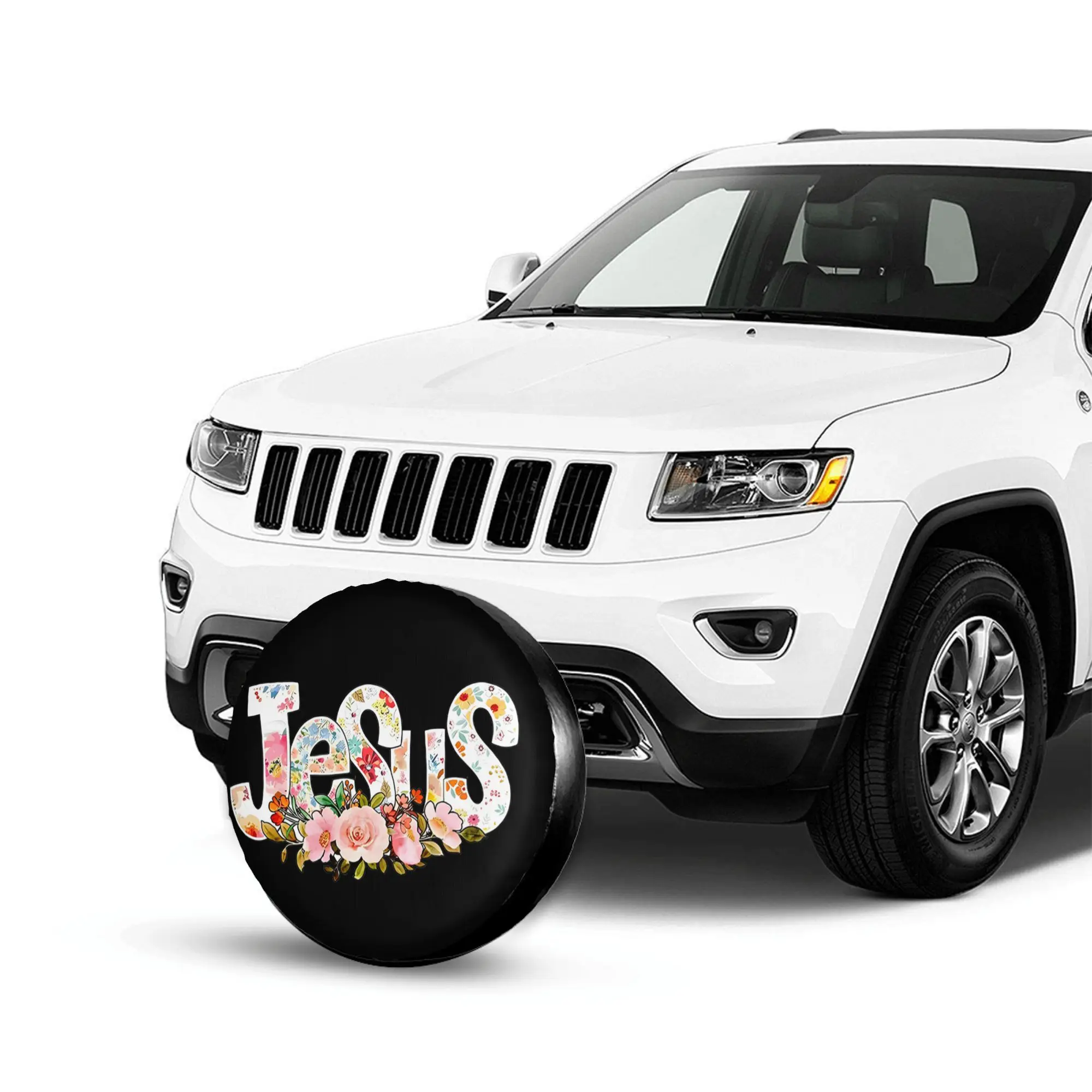Floral Jesus Letter Spare Tire Cover Durable Waterproof SUV RV Trailer Wheel Protector 14-17 Inch