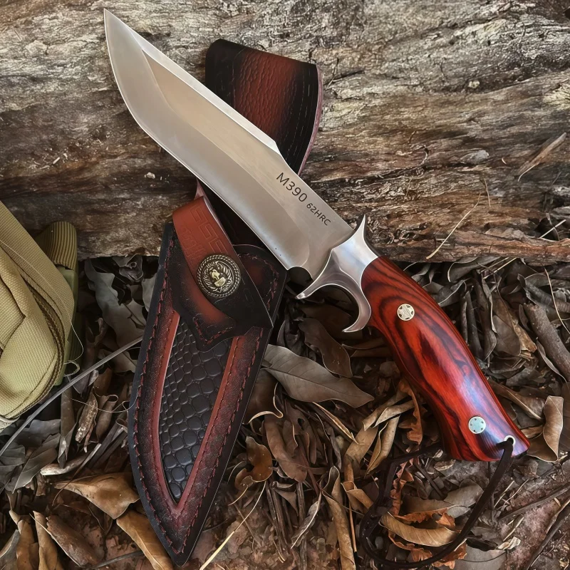 M390 62HRC Fixed Blade Decor Knife, Full Tang Structure, Wooden Handle, Matching Leather Sheath For Collection