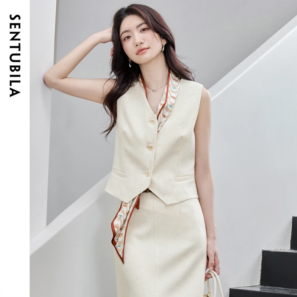 Sentubila mistura de linho feminino colete escritório senhoras elegante decote em v único breasted sem mangas colete 2025 roupas femininas 152ja1922