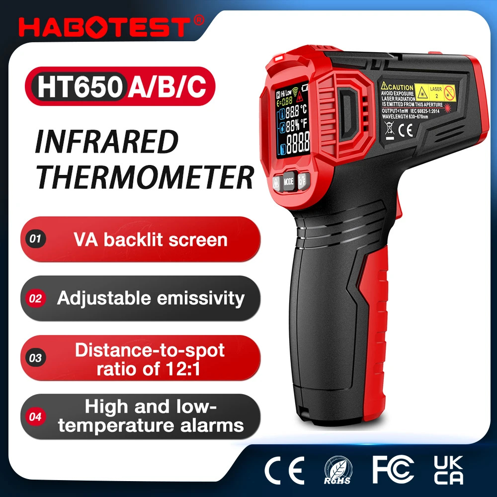 HABOTEST HT650 ميزان الحرارة الرقمي بالأشعة تحت الحمراء-50 ~ 380/550/800 الليزر عدم الاتصال البيتزا شواء شواء صناعة المحرك IR ميزان الحرارة بندقية