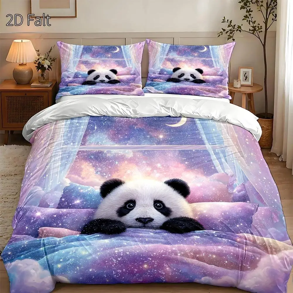 3-Piece Quilt Cover Set, 1 Quilt Cover + 2 Pillowcases (Without Filling) 2D Flat Printing, Purple Panda Theme, Dreamy Starry Sky Style, International Panda Festival, Suitable for All Seasons, Machine Washable, Invisible Zipper, Suitable for Home, Dormitory, Master Bedroom, Guest Room