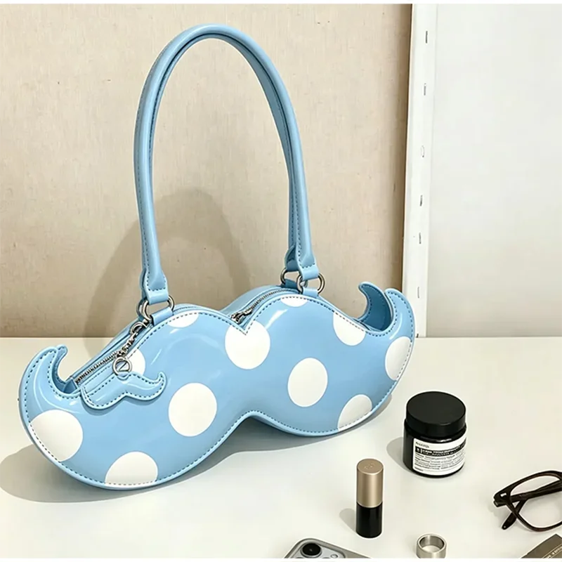 Mustache Shape Polka Dot Hobo Schultertasche, süße, niedliche, ausgefallene, kreative Handtasche für Damen, leichte Alltagstasche im Nischendesign – Detail 2
