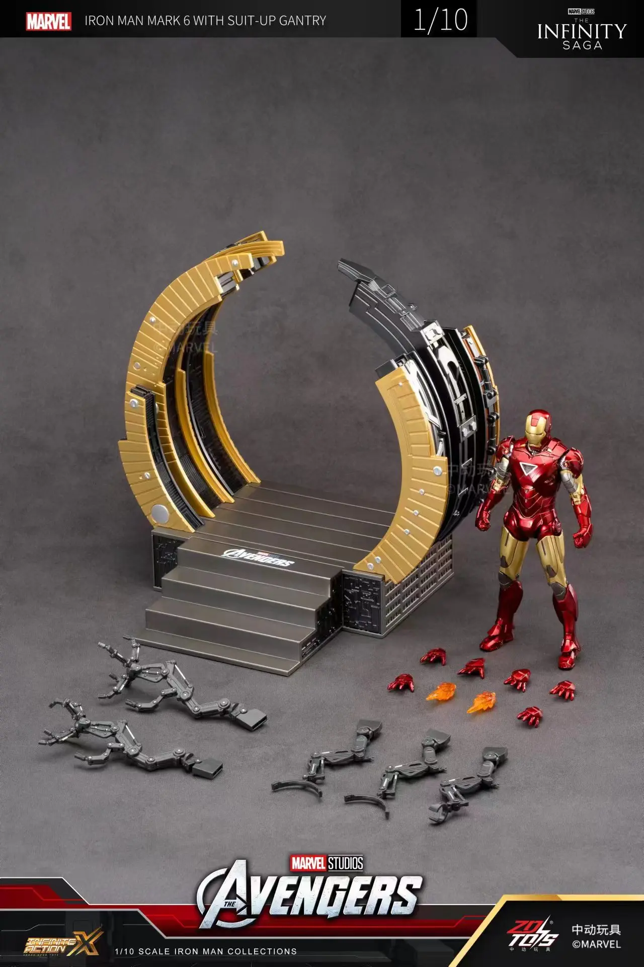 Original ZD Toys Iron Man WITH SUIT-UP GANTRY LED Circular armor dismantling platform MK6 Anime Tony Stark Model Action Figure
