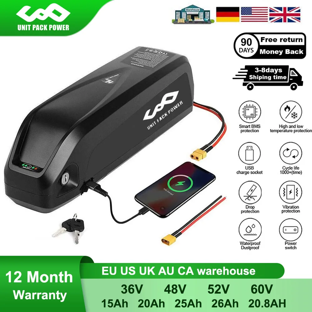 

EU US stock EBike Battery Polly Hailong 48V 36V 48V 18650 Lithium Pack Downtube Battery for 1000W 750W 500W 350W Motor