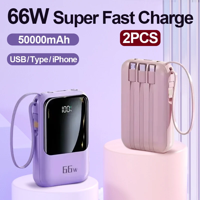 2PCS 50000mAh Power Supply With Built-In Cable 66W Super Fast Charging Power Bank Waterproof Portable Mobile Phone Accessories