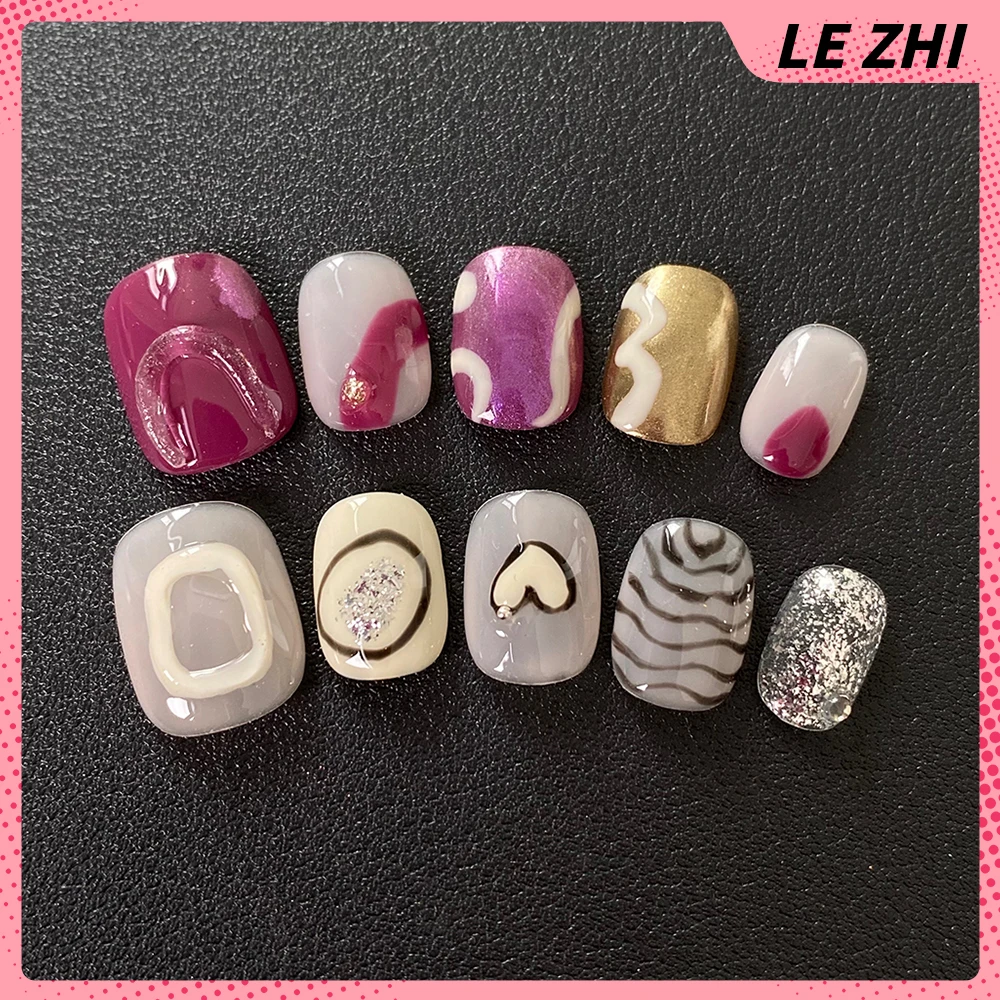 10Pcs Creativity Funny Short Square Round Fake Nail Cute Fashion Flame Zebra Stripes Water Drop Diamond Detachable Fake Nail