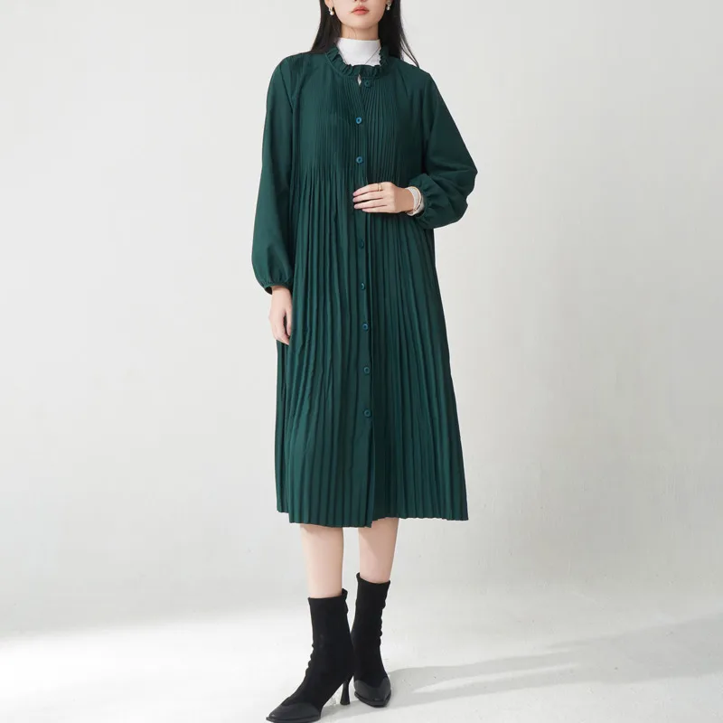 YFPF 2025 Autumn New Women Long Coat Miyake Pleated Solid Color Buton Stand Collar Fashion Windbreaker Office Lady Clothing