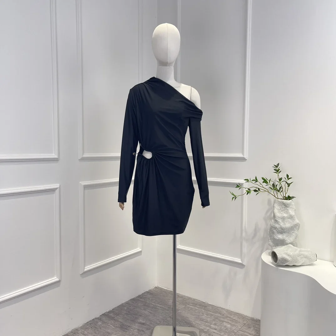 

Diagonal Collar 2023 New Collection Solid Black Full Sleeve Backless Intellectual Women Fashion Clothing Mini Dress for Party