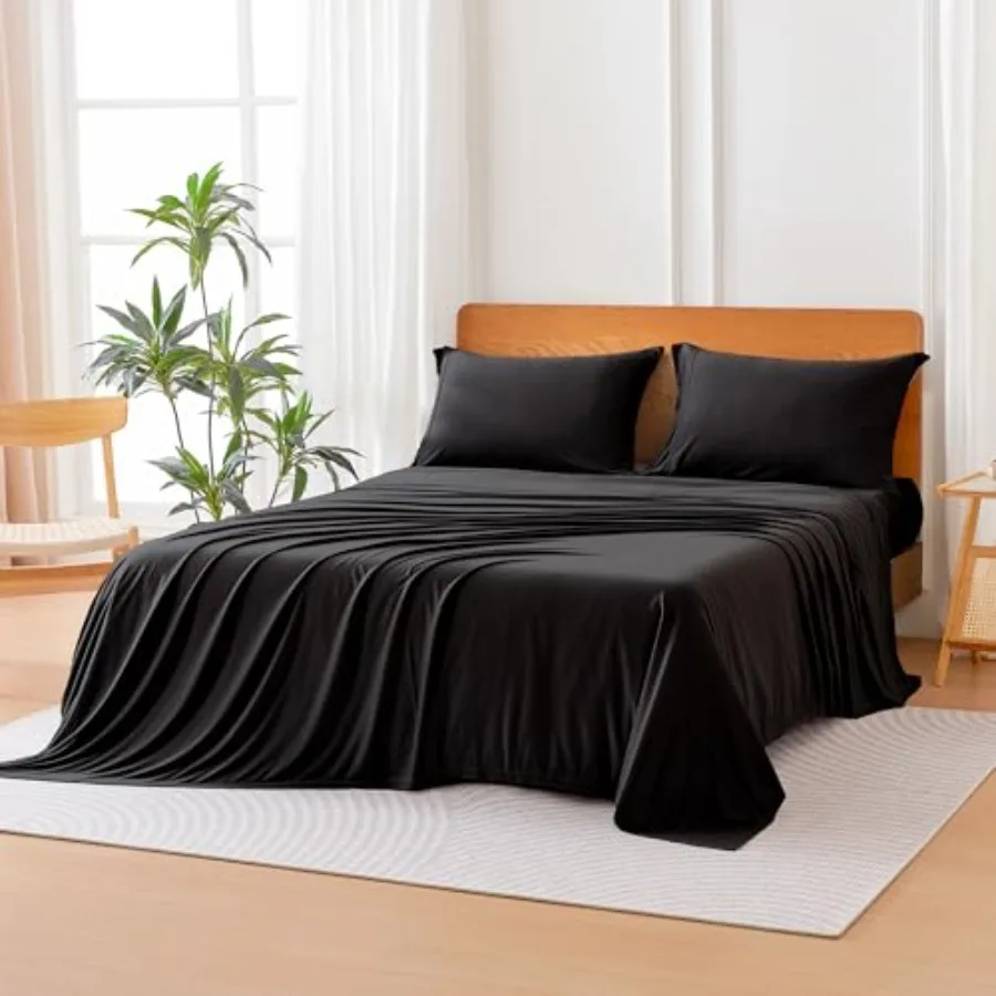 

Jersey Knit Microfiber 4-Piece Sheet Set Wrinkle Free and Easy Fit Includes 16" Deep Pocket Fitted Sheet 1 Flat Sheet and 2 Pil