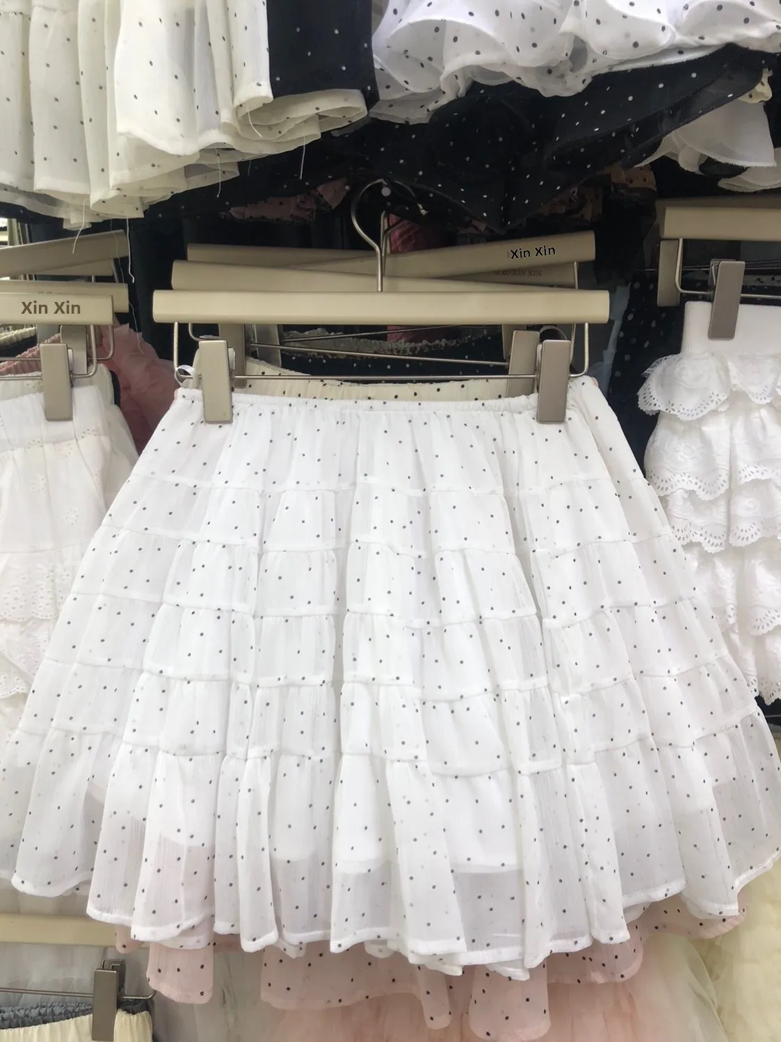 Pink Polka Dot Half Skirt Women's Summer Sweet Layered A-Line Splice Chiffon Cake Short Skirt High Waist Pleated Polyester Fiber