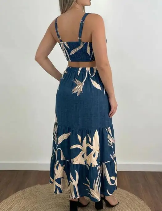 Mode féminine plantes Placement impression découpe taille froncé dos Maxi robe femmes décontracté taille cintrée à volants robes de vacances