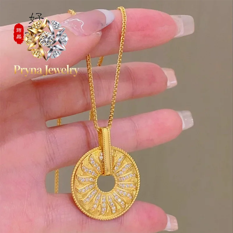 Pryna Jewelry  Luxury fashion 9999 24K real gold sun wheel necklace noble sweater chain diamond pendant niche high-end feeling