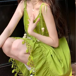 Green Dresses for Women Spaghetti Strap Solid Hollow Out Summer V-neck Simple Design Korean Style Streetwear Chic Casual Loose