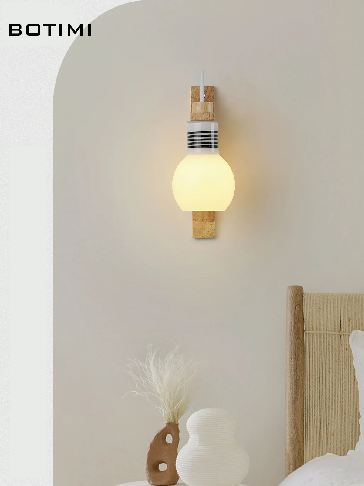 BOTIMI Modern Wooden Base Wall Lamp With Glass Lampshade Solid Wood Wall Lamp For Bedroom Nordic Beside Wall Sconce