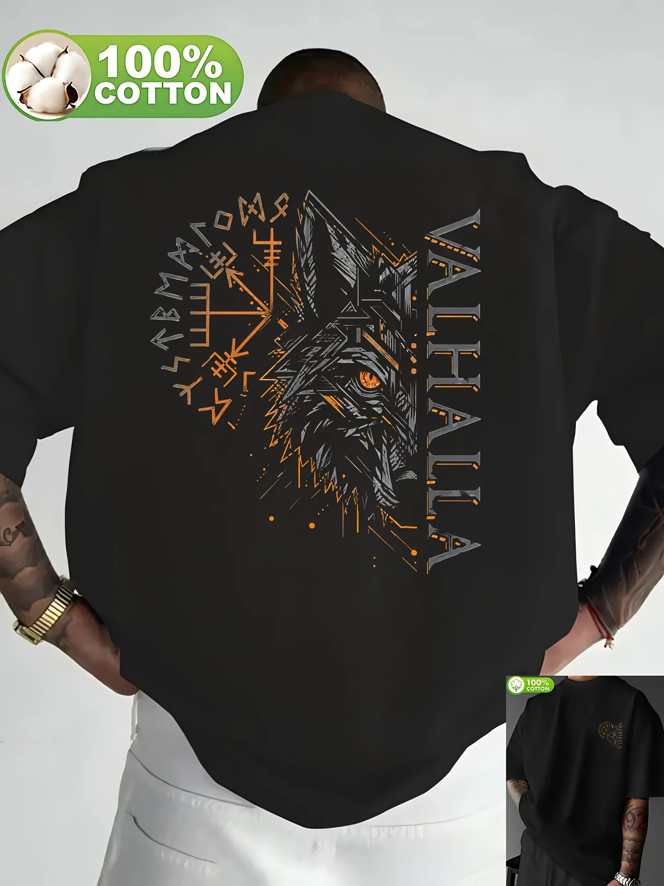 Viking Valhalla Wolf Graphic T‑Shirt, Norse Rune Compass Backprint Apparel, Men Women Casual Streetwear Short Sleeve Top