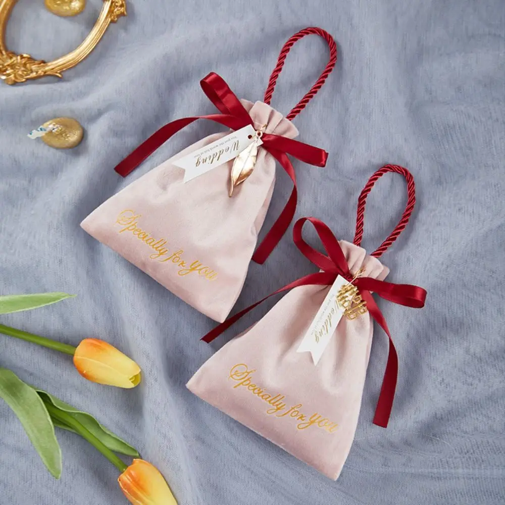 Velvet Ribbon Bow Drawstring Bag Satin Bow Festive Sugar Bag Ribbon Bowknot Handbag Letter Large Capacity Wedding DIY Candy Bag