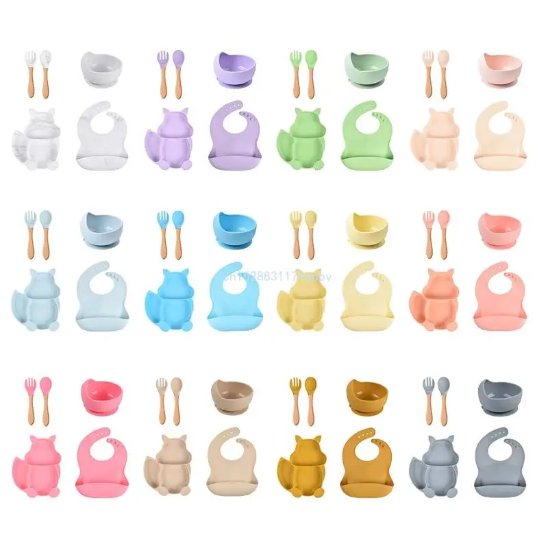

5 шт. детские силиконовые нагрудники с белкой, разделенная обеденная тарелка, присоска, набор ложек и вилок, Прямая поставка