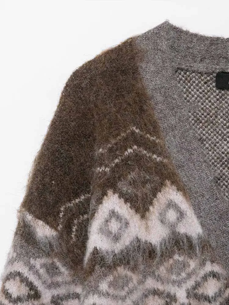 Estilo europeu e americano outono recém chegados roupas femininas da moda, versátil decote em v desbotado jacquard malha cardigan